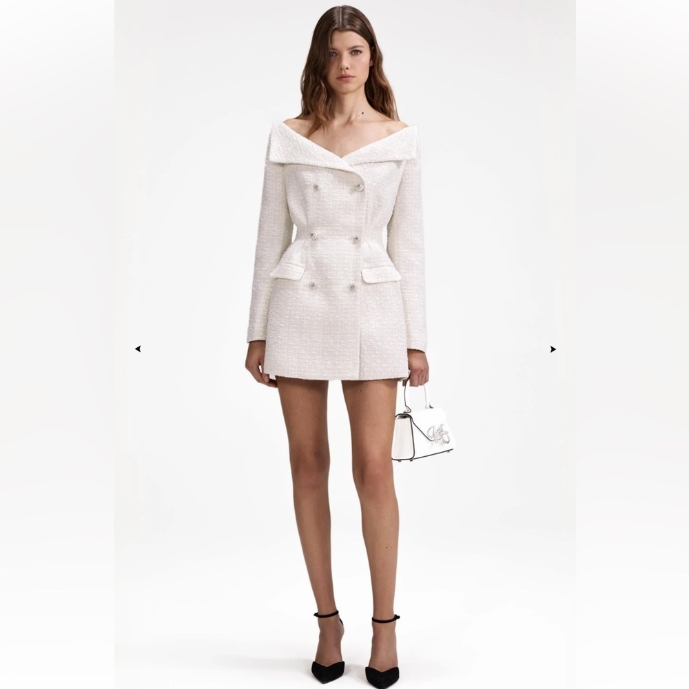 Self-Portrait Cream off white Metallic Boucle Mini Jacket Dress Size UK 10 US 6